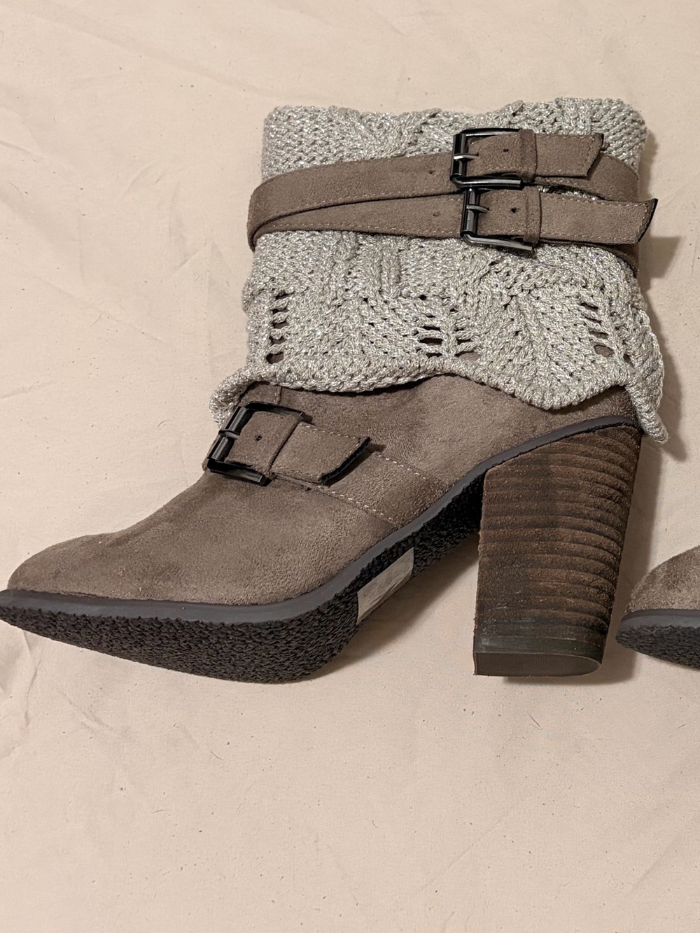 VENUS Taupe Knit Cuff Suede Ankle Boots with Buckle Detail